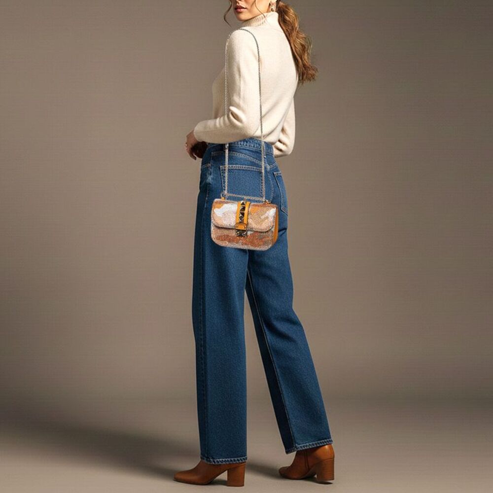 Valentino Glam Lock Mustard Crystal Embellished Leather Shoulder Bag - Picture 2 of 7